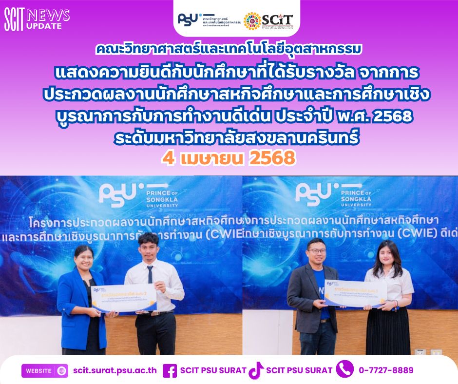นักศึกษาที่ได้รับรางวัล จากการประกวดผลงานนักศึกษาสหกิจศึกษาและการศึกษาเชิงบูรณาการกับการทำงานดีเด่น ประจำปี พ.ศ. 2568